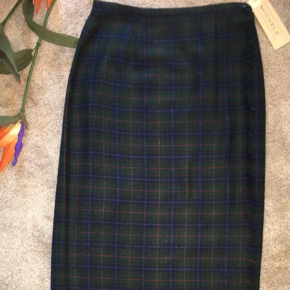 NEW~Michele Navy and Green Wool Plaid Wrap Skirt - Picture 4 of 4